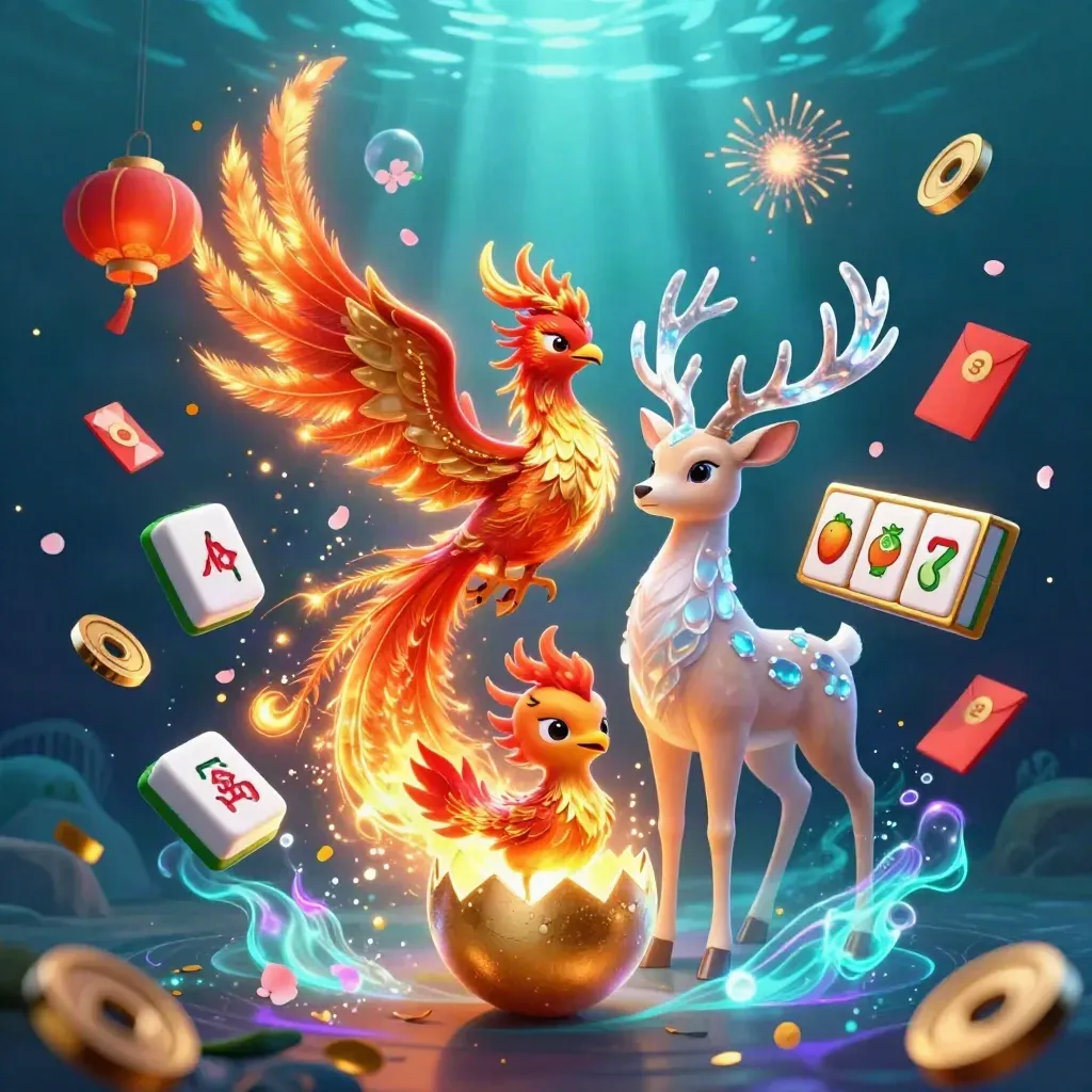 Fire phoenix, baby phoenix, and crystalline stag amid casino symbols and glowing underwater light.
