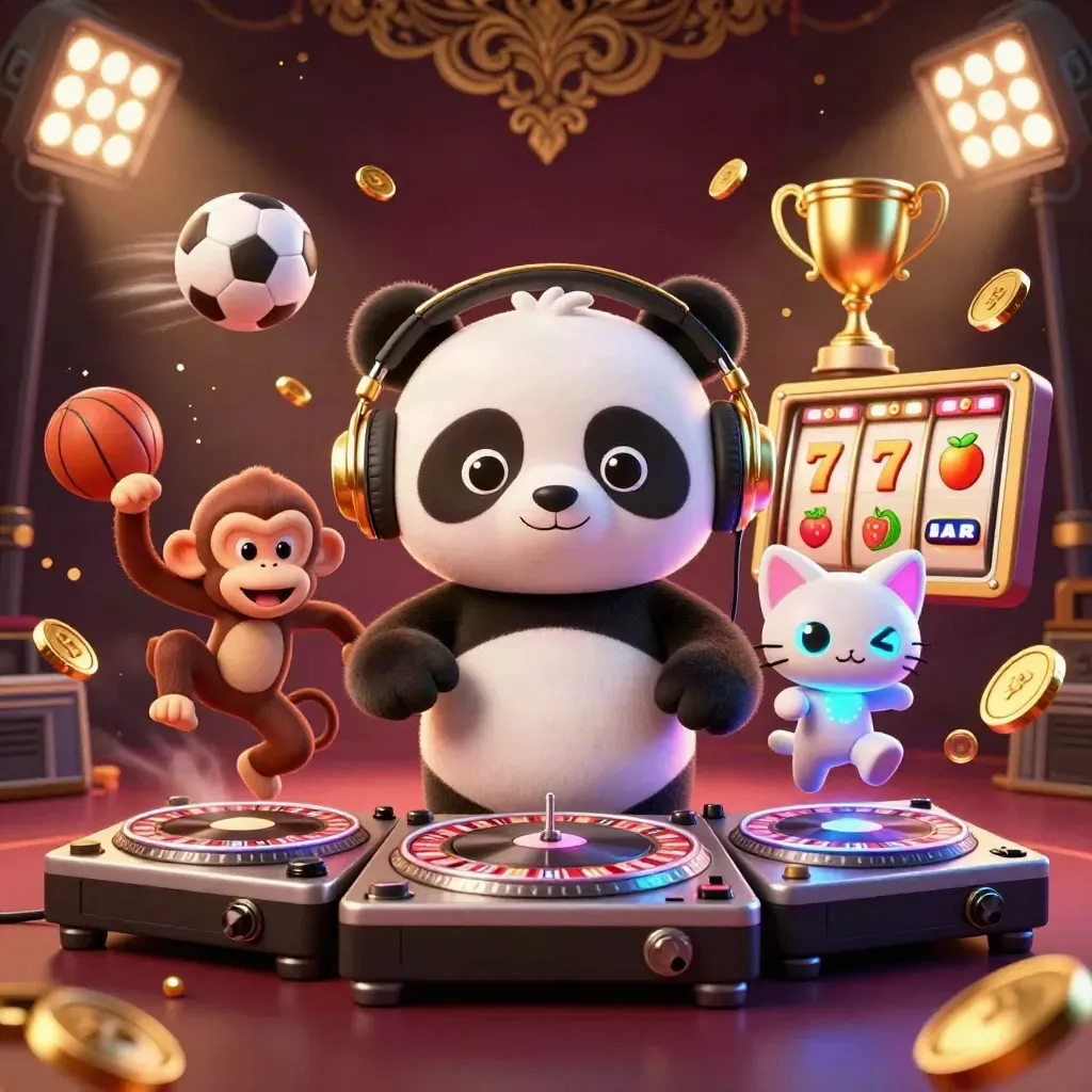 DJ panda, breakdancing monkey, and glow-stick kitten amid casino lights and flying sports balls.