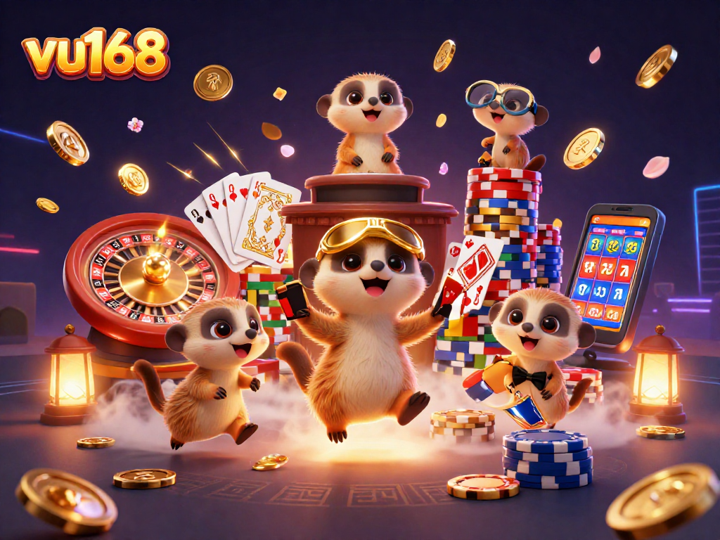 Experience thrilling gameplay at vu168 with meerkats managing a bustling casino, surrounded by dazzling coins.