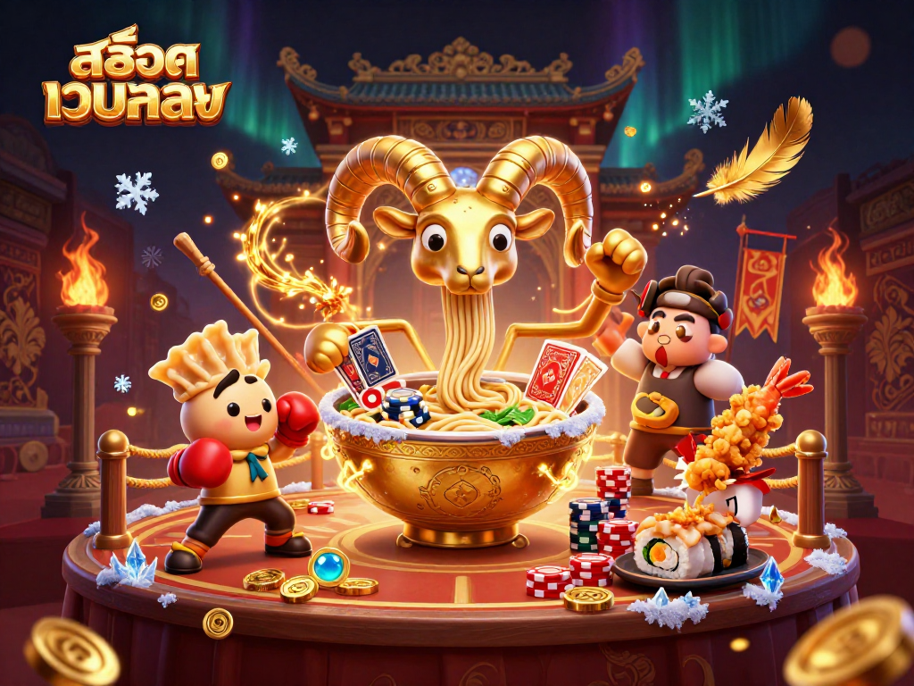 Experience สล็อตเว็บตรง action with a festive scene of a ramen bowl dealer and energetic cheerleaders.