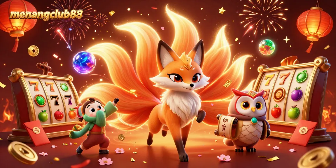 Experience excitement with menangclub88 featuring a vibrant nine-tailed fox, owl sage, and floating slot game elements.