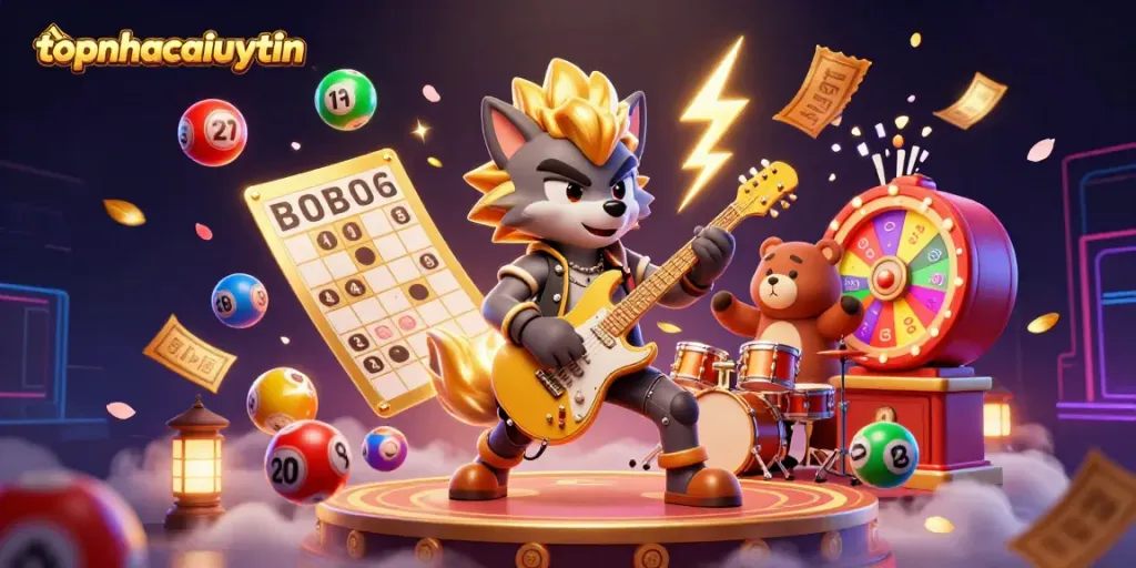 Engaging illustration with topnhacaiuytin's rock star wolf playing guitar amidst casino excitement and lottery elements.