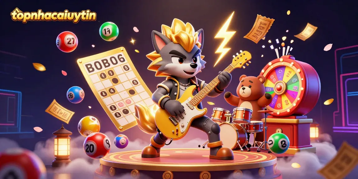Engaging illustration with topnhacaiuytin's rock star wolf playing guitar amidst casino excitement and lottery elements.