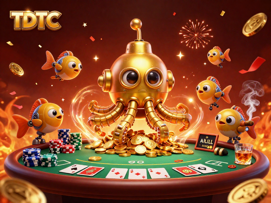Experience thrilling TDTC poker action with a captivating kraken submarine and mechanical fish.