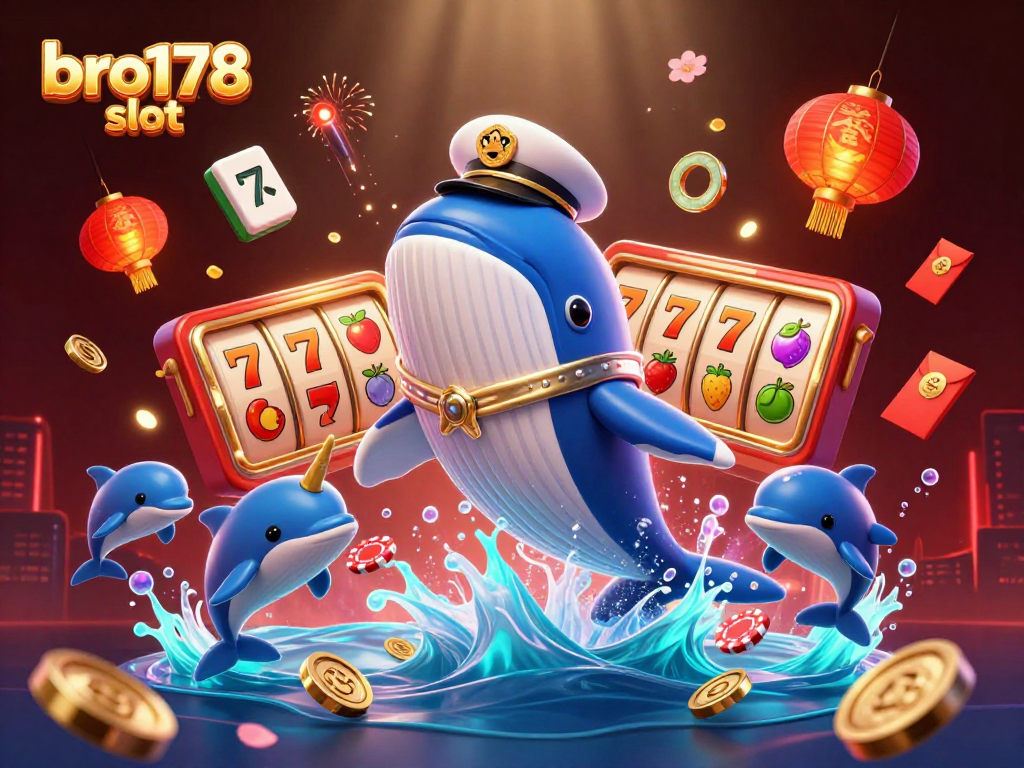 Gambaran menarik dari bro178 slot dengan ikan paus dan permainan kasino mengelilingi suasana meriah.