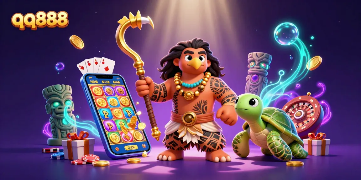 Experience thrilling slots with qq888's Polynesian demigod amidst vibrant casino elements.