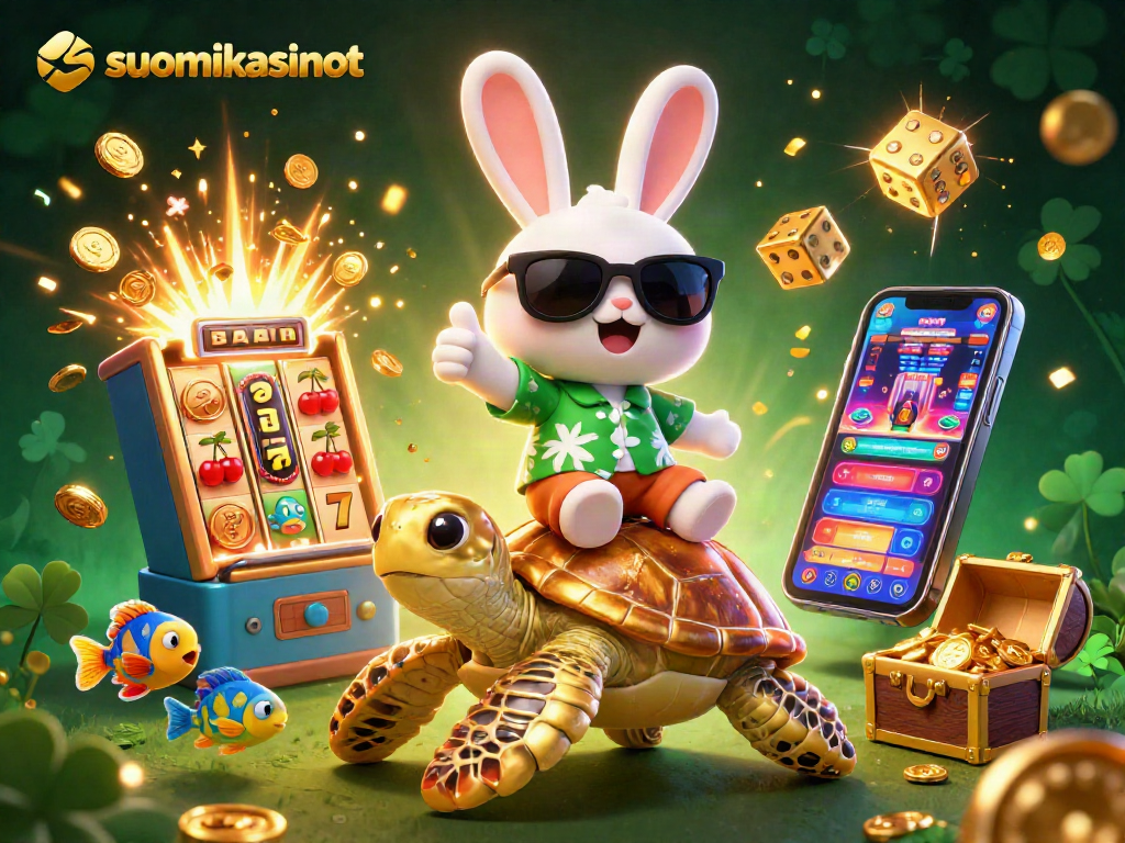 Enjoy thrilling gaming with suomikasinot featuring a lucky rabbit and golden turtle in a vibrant casino scene.