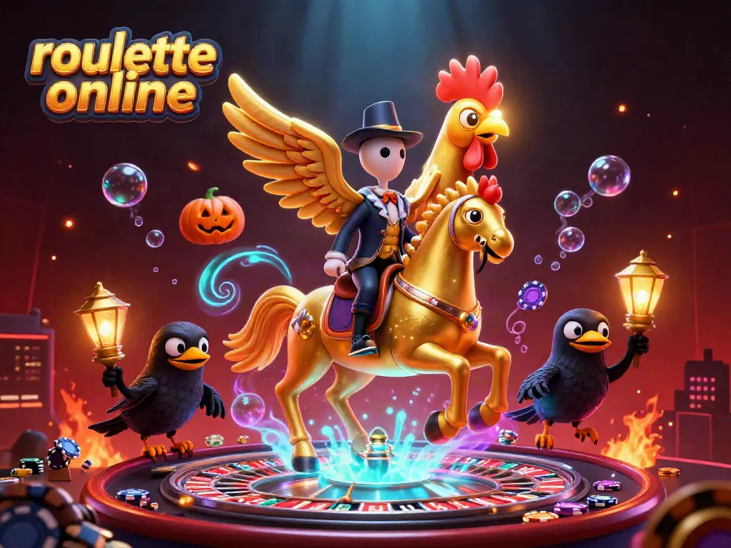 Spin the wheel and engage in roullete online with a vibrant casino scene featuring a golden rooster and spooky companions.