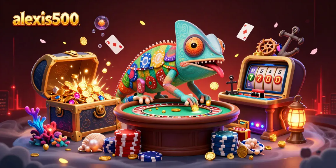 Experience thrilling action with alexis500 chameleon casino owner surrounded by vibrant slot and treasure elements.