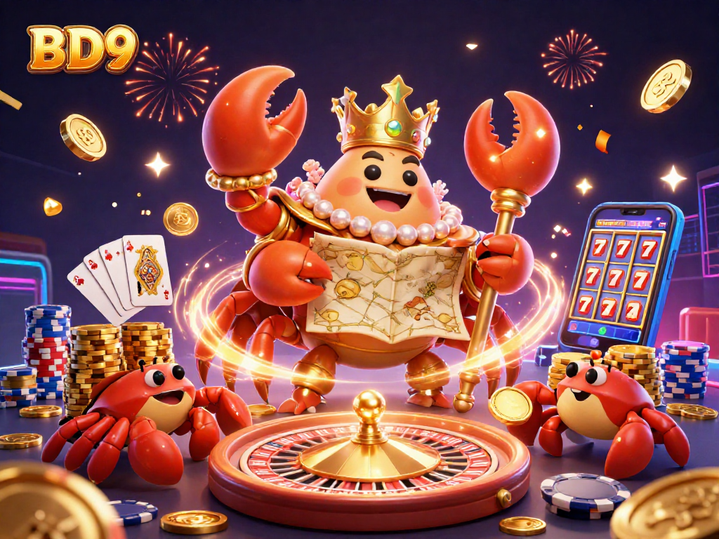 Experience the excitement of BD9 with a treasure-seeking golden crab amid casino charms and vibrant game elements.