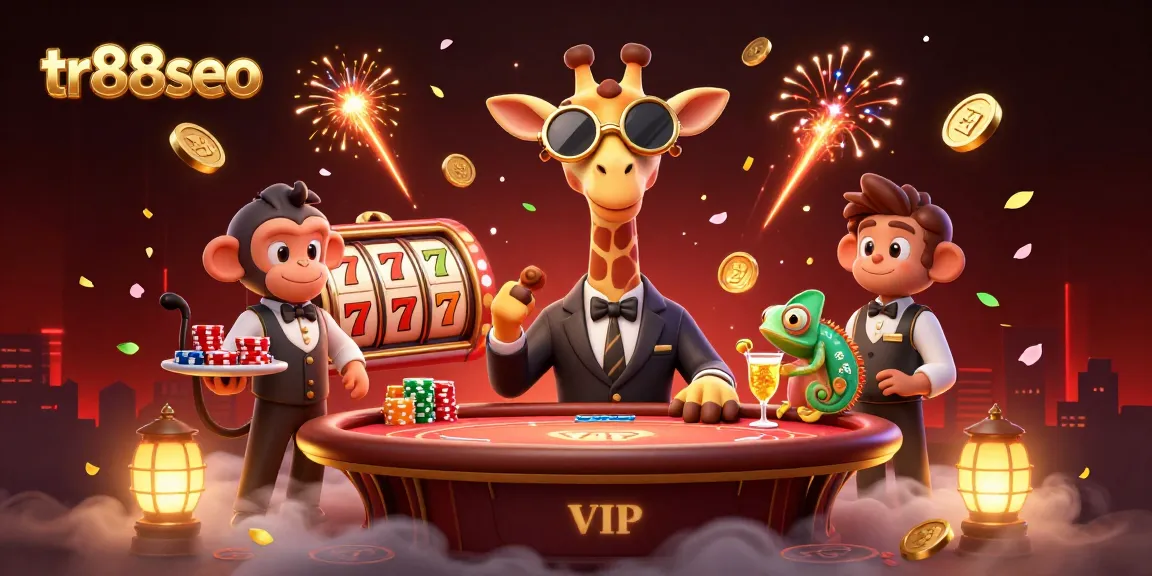 Win big with tr88seo as the high-roller giraffe plays poker alongside charming characters in a lively scene.