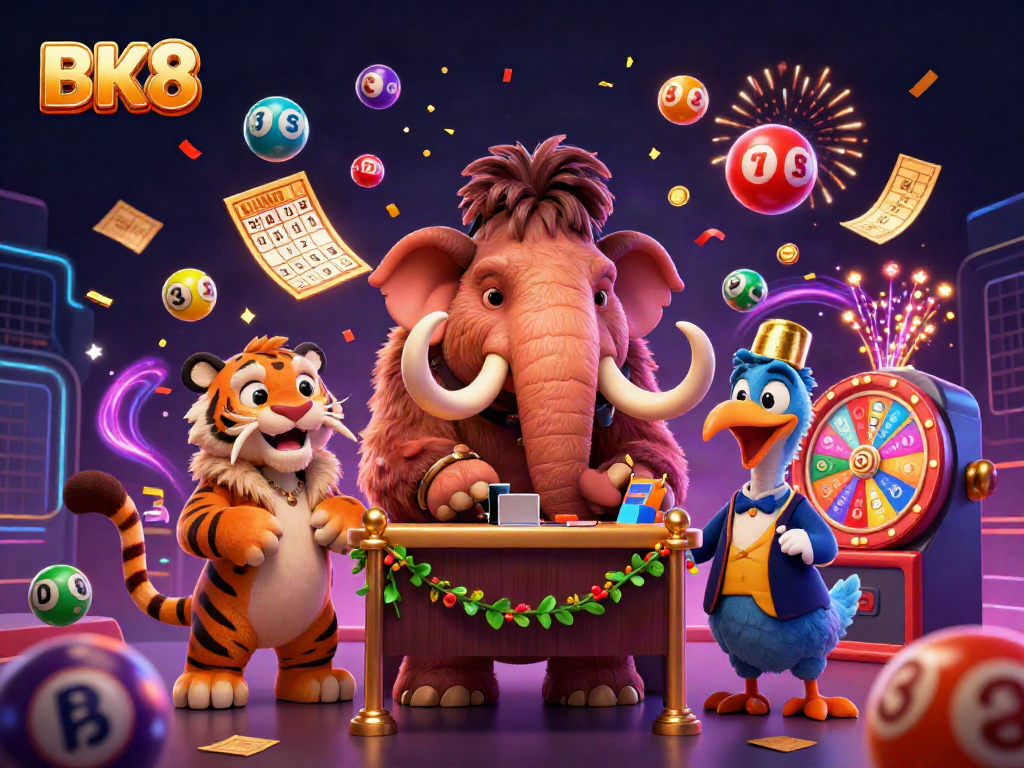 Experience the vibrant BK8 casino world with a cartoon mammoth and a saber-tooth tiger welcoming lucky players.