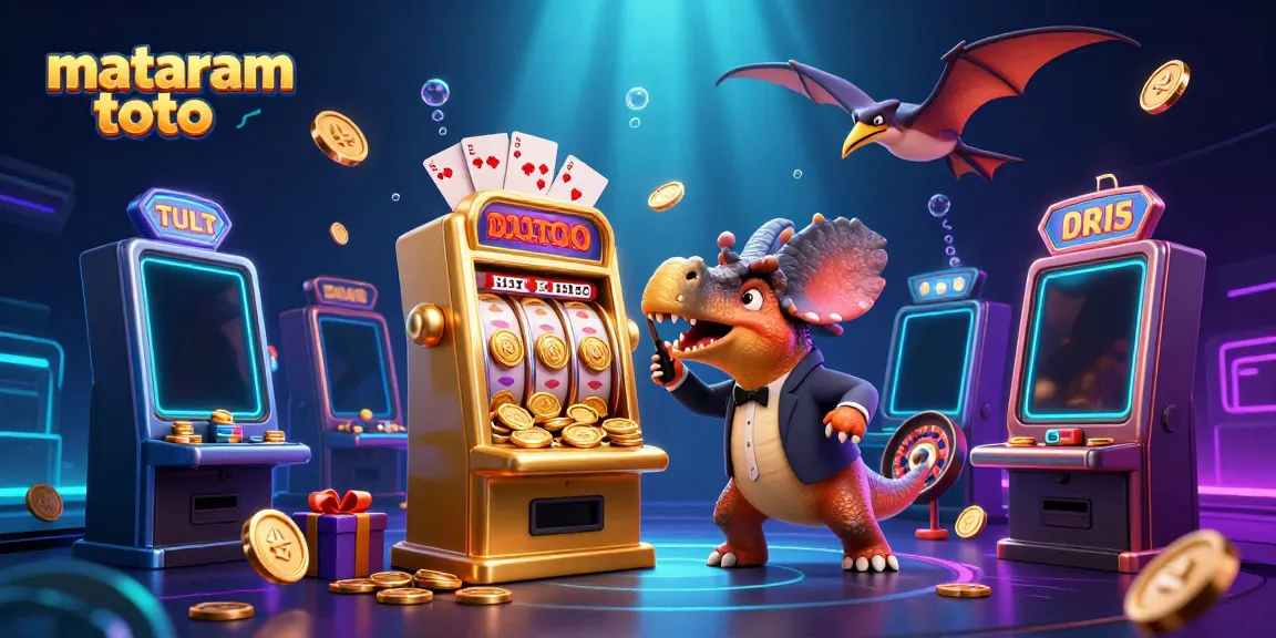 Mataram toto's 3D cartoon pachycephalosaurus celebrates a jackpot, while the ankylosaur manager and pteranodon collect coins.