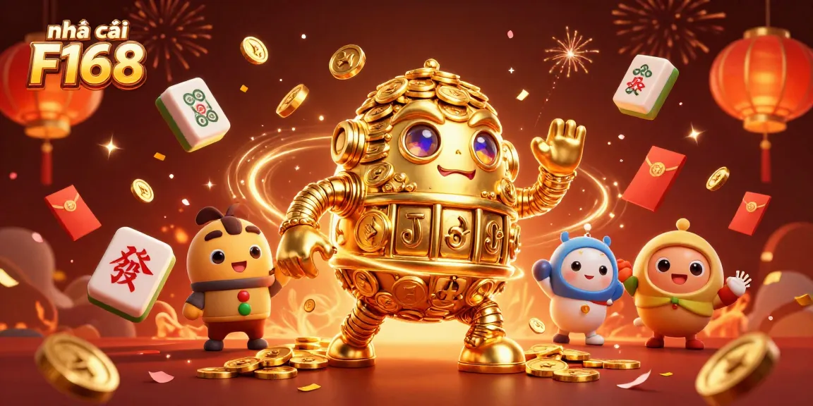 Spin and win at nhà cái F168 with vibrant 3D golden golem and festive game elements.