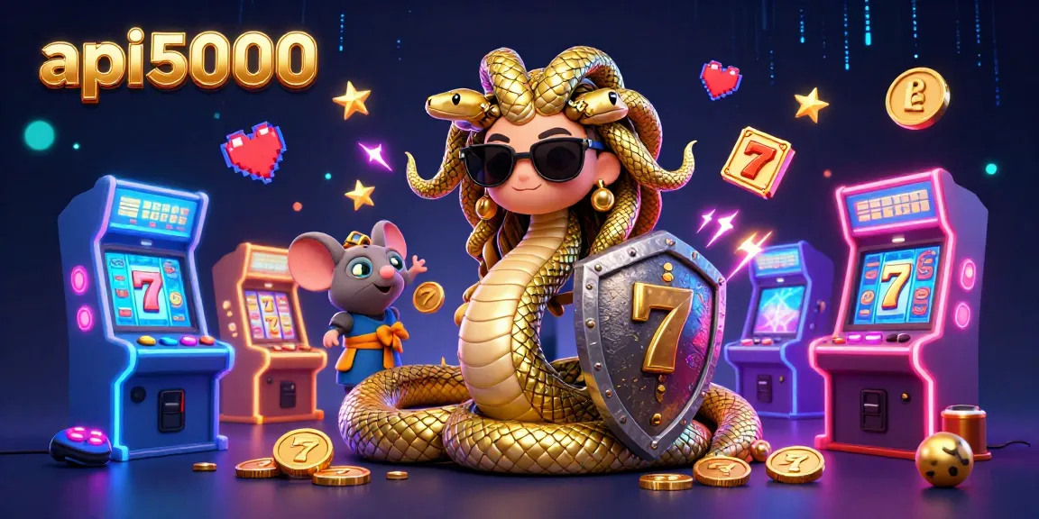 Permainan slot api5000 yang menarik dengan Medusa dan mouse pejuang dalam suasana kasino yang ceria.