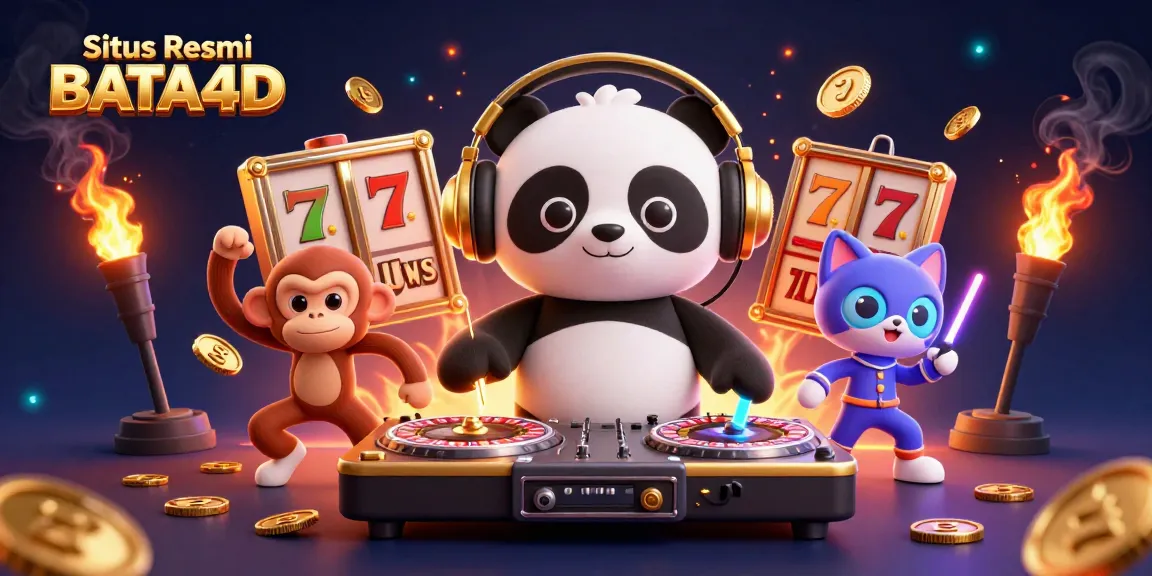 Situs Resmi BATA4D memamerkan karakter DJ panda dan elemen kasino yang menarik dalam ilustrasi 3D.