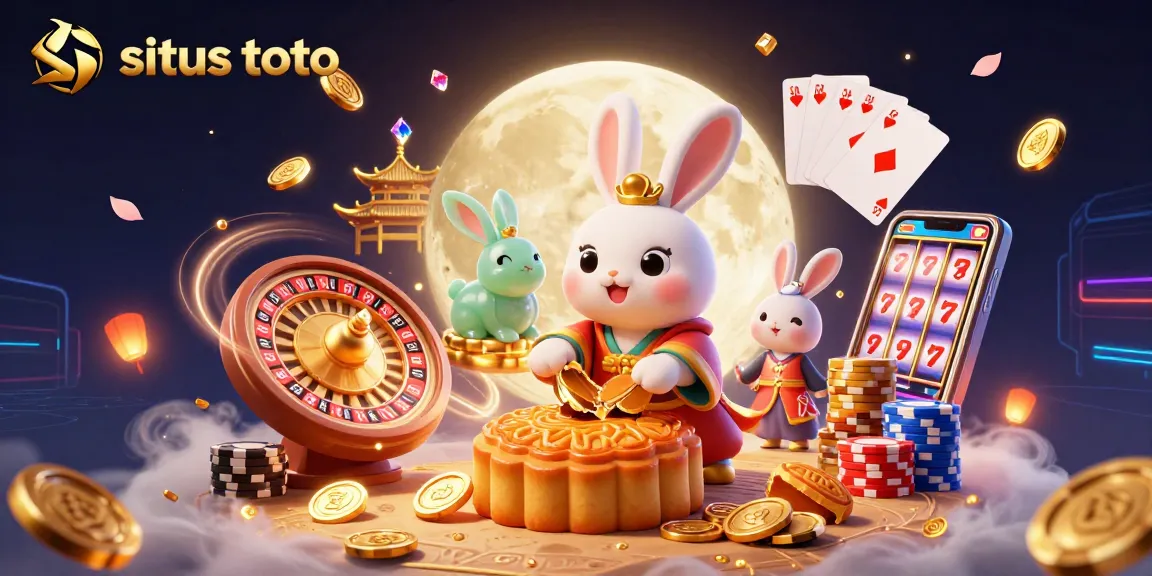 Engage with situs toto, where golden mooncakes reveal poker chips amidst vibrant casino elements.