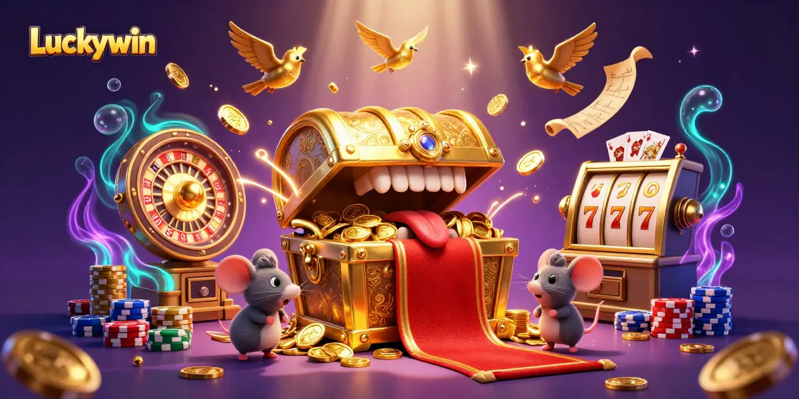 Experience the thrill of Luckywin with captivating casino elements and vibrant illustrations.