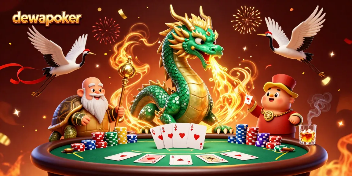 DewaPoker menghadirkan suasana kasino menegangkan dengan naga hijau besar dan karakter yang beruntung, saat bertaruh di poker.