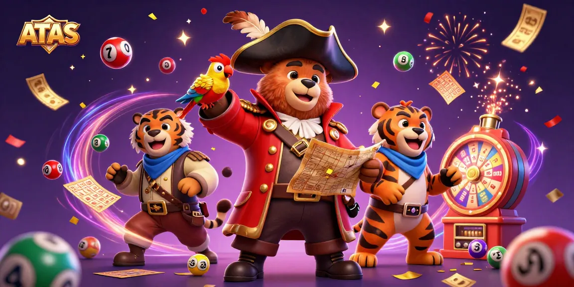 Engage with the vibrant world of ATAS Casino featuring playful characters amidst a dynamic lottery scene.