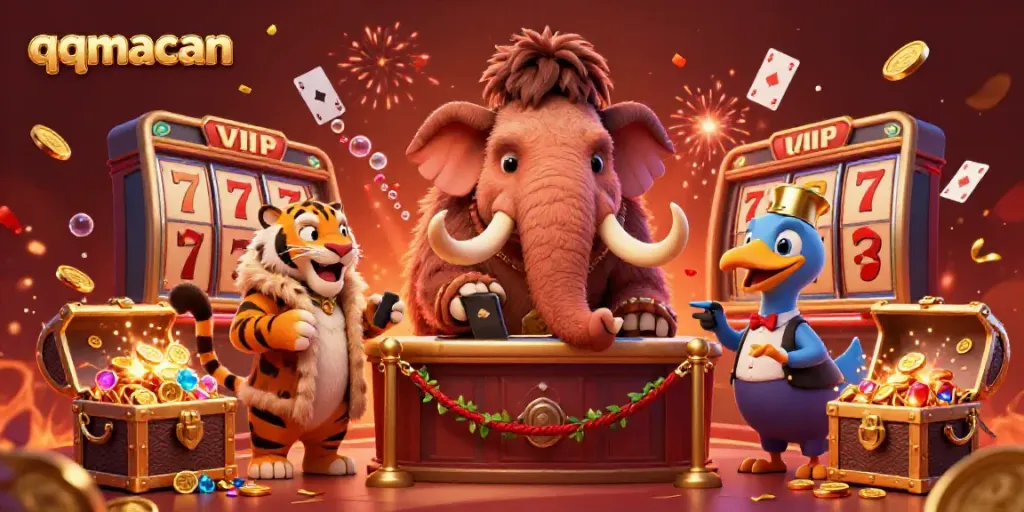 Experience the vibrant world of qqmacan with a mammoth bouncer and lively casino elements creating excitement.