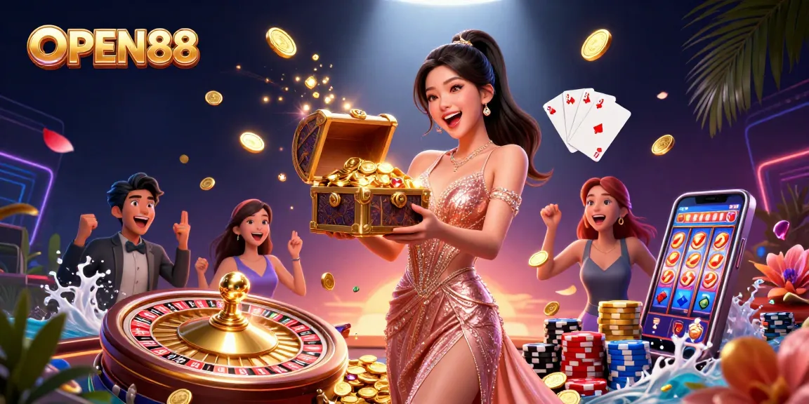 Bet on OPEN88 with a stunning treasure chest of wealth, gleaming gems, and excitement in a dynamic casino setting.