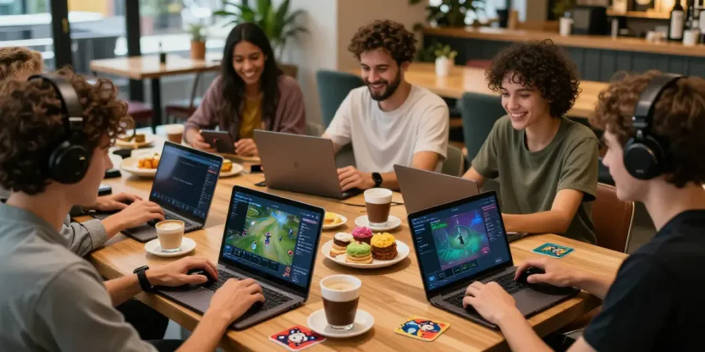 Diverse group enjoying Yono Games on smartphones at a café.