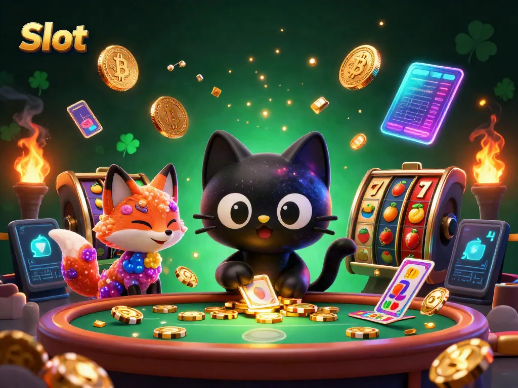 menggambarkan permainan Slot dengan kucing hitam galaksi dan rubah nebula, dikelilingi oleh simbol jackpot dan koin crypto