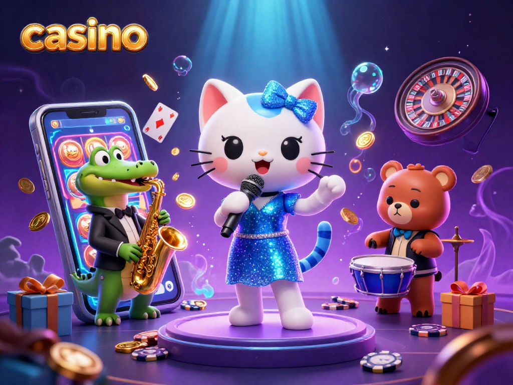 Engage with a vibrant casino scene featuring a jazz-singer cat, a saxophone crocodile, and a drum-playing bear.