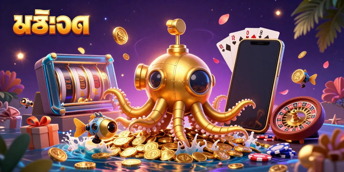 Experience thrilling สล็อต action with a golden kraken submarine and mechanical fish amid colorful slot game elements.