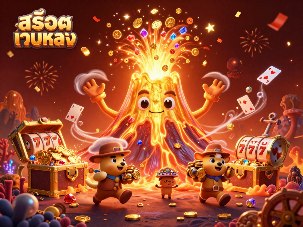Experience the thrill of winning with สล็อตเว็บตรง as luck flows from a triumphant volcano amid treasure.