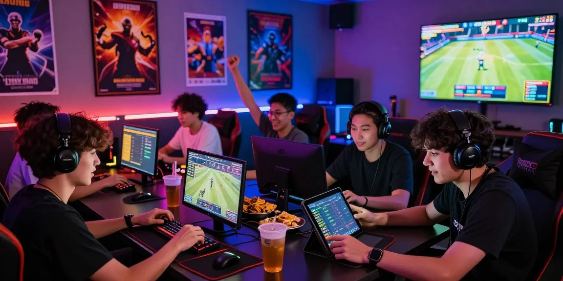 Group enjoying game bài đổi thưởng in a vibrant gaming lounge with LED lights and interactive play.