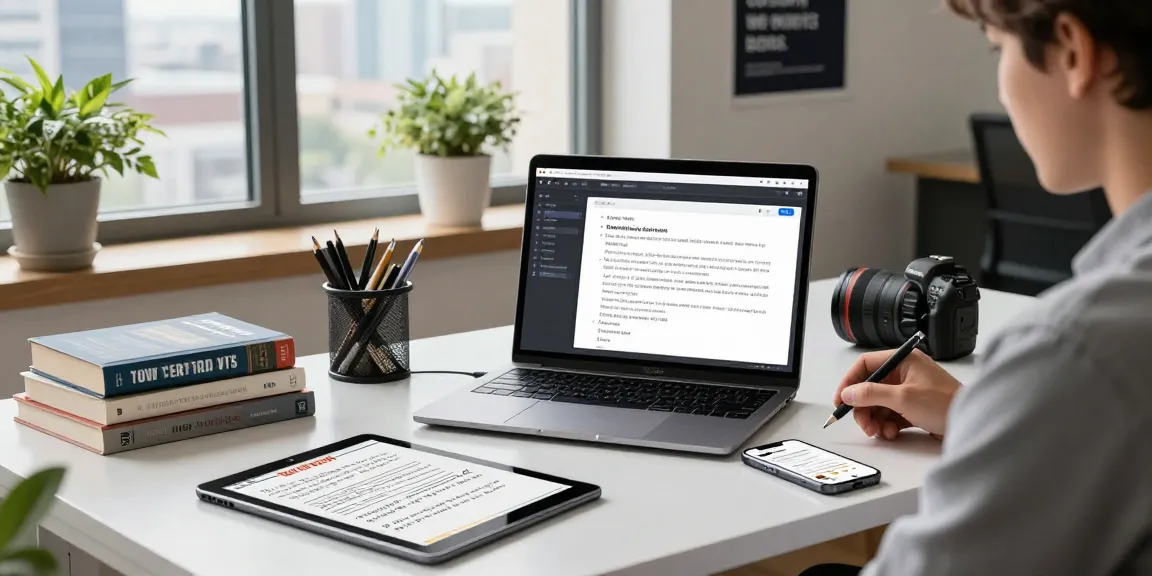 AI writing tools in a modern office workspace with a laptop, plants, and books creating an inspiring atmosphere.