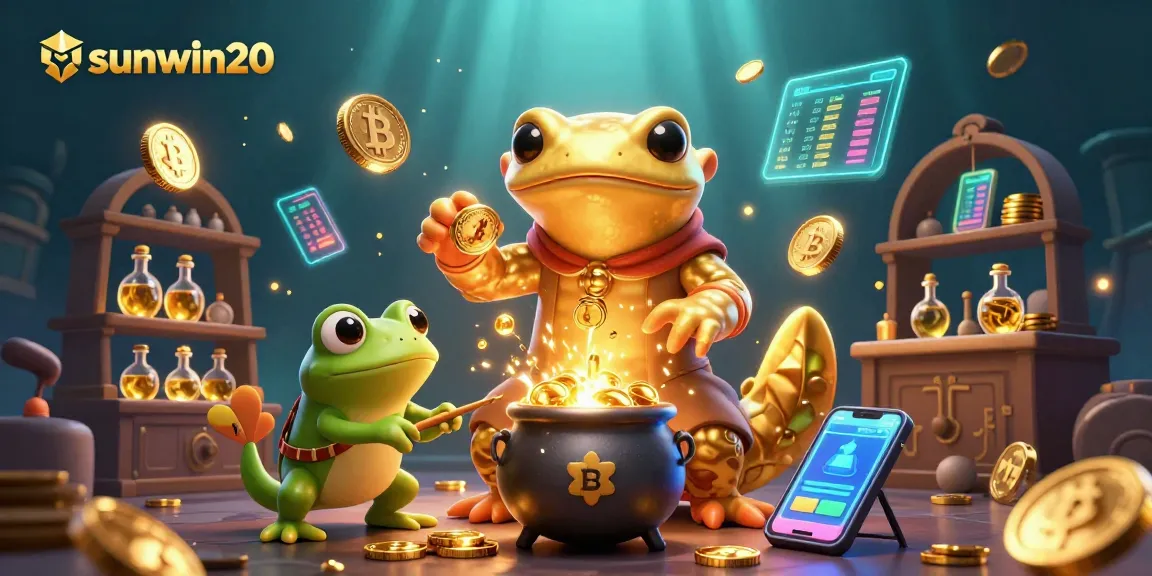 Engage with sunwin20 at a vibrant casino scene showcasing alchemical characters and crypto elements.