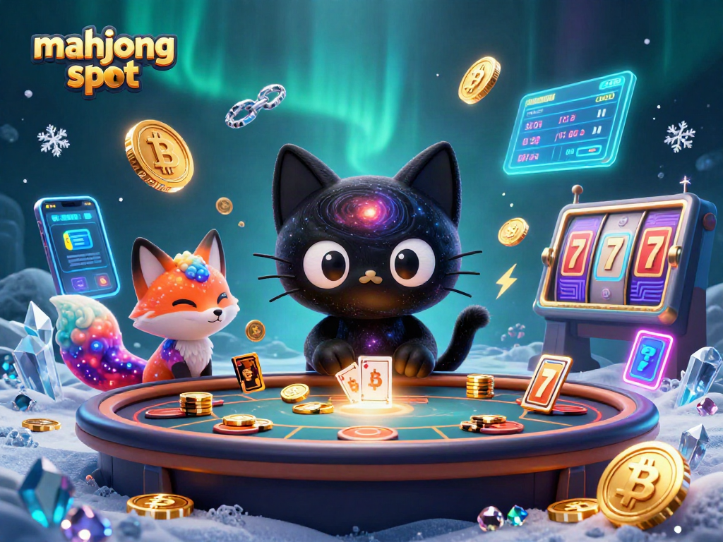 Engage with mahjong slot excitement as a cosmic cat and nebula fox play at a vibrant casino.