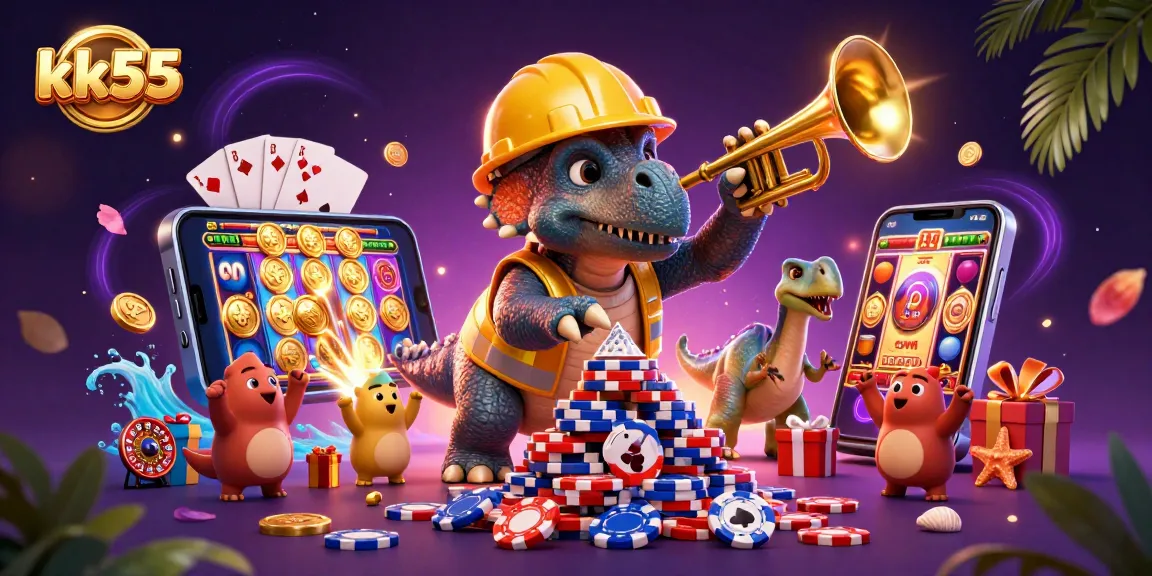 Celebrate gaming with kk55 featuring a triceratops building poker chips amidst vibrant casino elements.