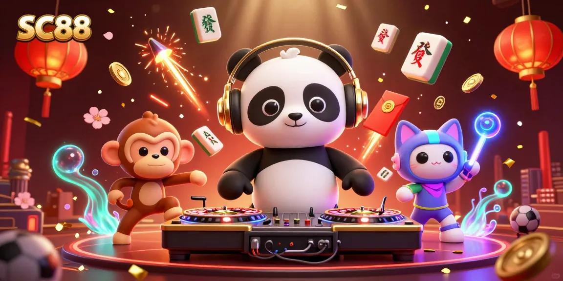 Experience SC88's vibrant casino atmosphere with a DJ panda, dancing monkey, and festive elements.