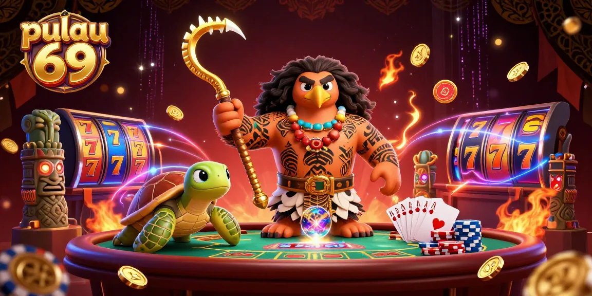 Engage in thrilling gameplay at pulau 69 with 3D Polynesian-themed gambling illustration.