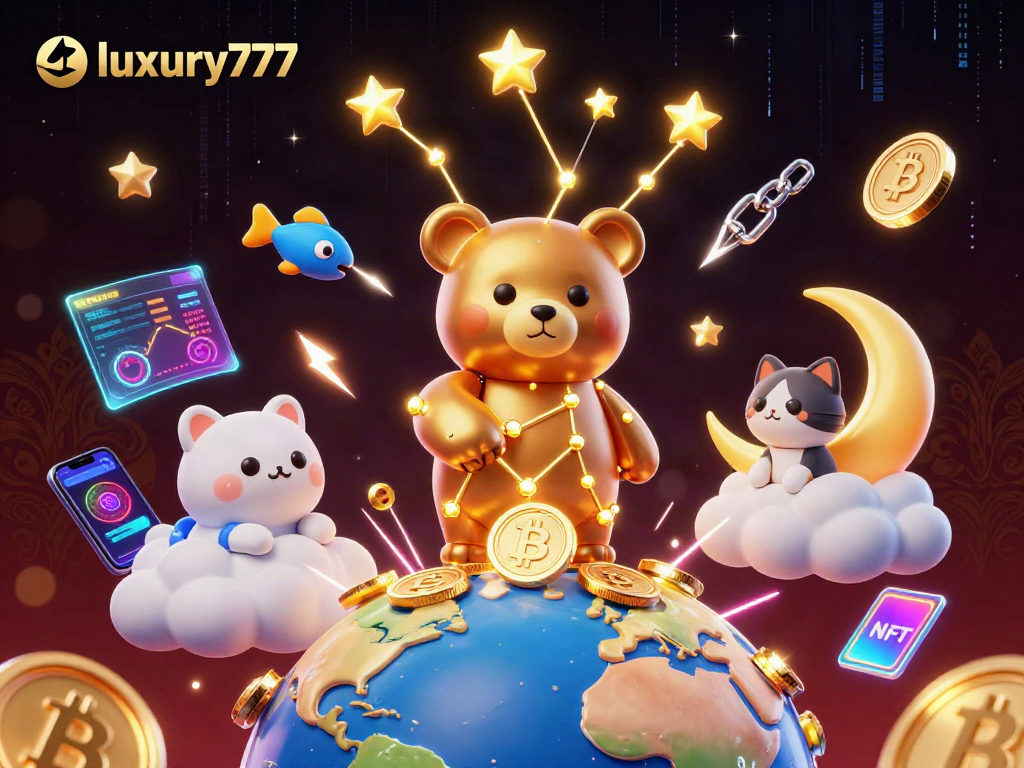 luxury777 merayakan momen keberuntungan dengan bintang emas dan simbol cryptocurrency di kasino online
