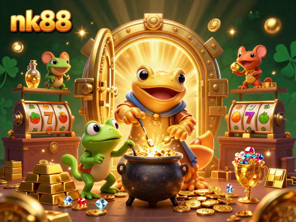 Get lucky at nk88 with a vibrant 3D scene of alchemy and slot games bursting with treasures.
