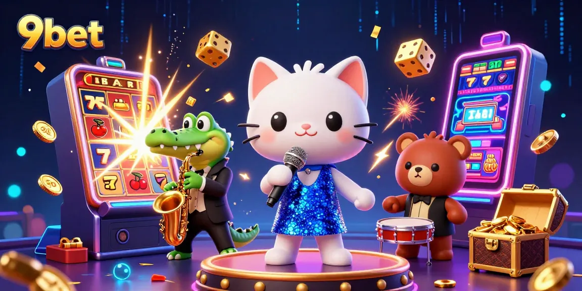 Engage with 9bet's vibrant casino scene featuring lively characters and dynamic gambling elements.