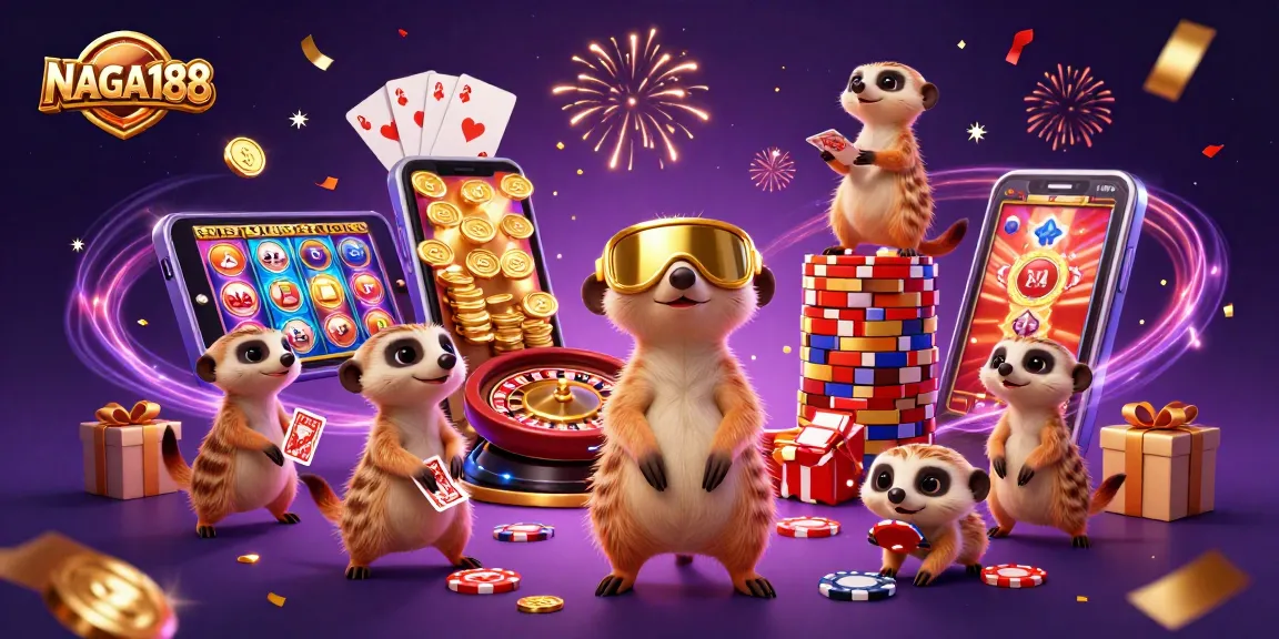 NAGA188 memberikan pengalaman menarik dengan koloni meerkat di kasino, menampilkan berbagai permainan dan chip.