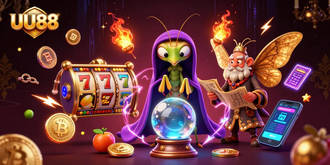 Play slots with UU88, featuring a mystical scene of a fortune teller and librarian.