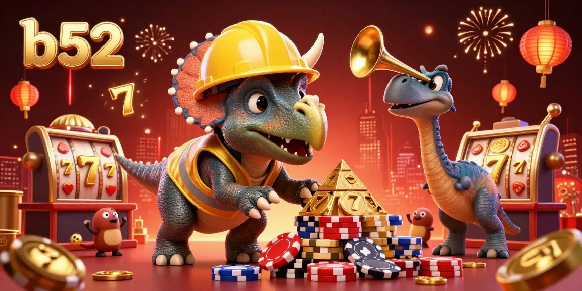 B52 jackpot excitement with cartoon triceratops building poker chips and bright celebrations in a dynamic casino scene.