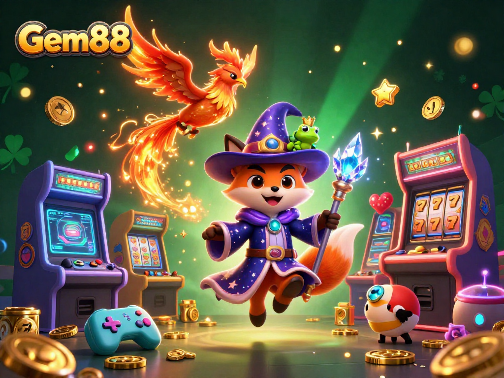Gem88 promotional illustration showcasing a wizard fox, phoenix, and enchanting game elements in a vibrant casino backdrop.