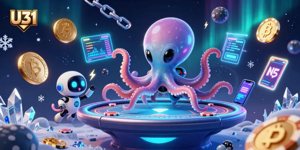 Engage in gaming excitement with U31's vibrant casino illustration featuring an alien octopus at a holographic poker table.