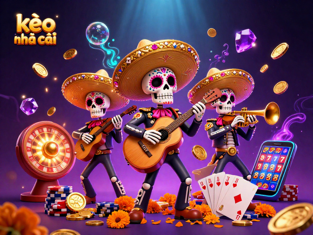 Engage with kèo nhà cái through vibrant 3D illustration showcasing a lively mariachi band and casino elements.