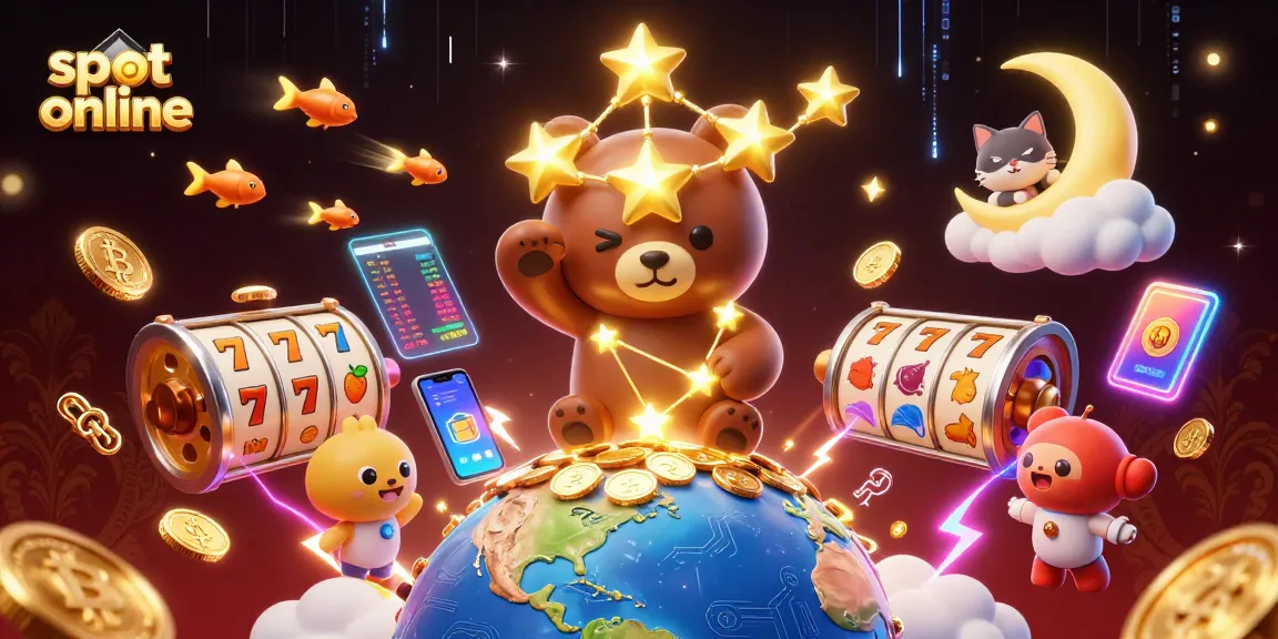 Mengambil slot online dengan ilustrasi 3D beruang bintang emas, simbol slot, dan koin cryptocurrency.