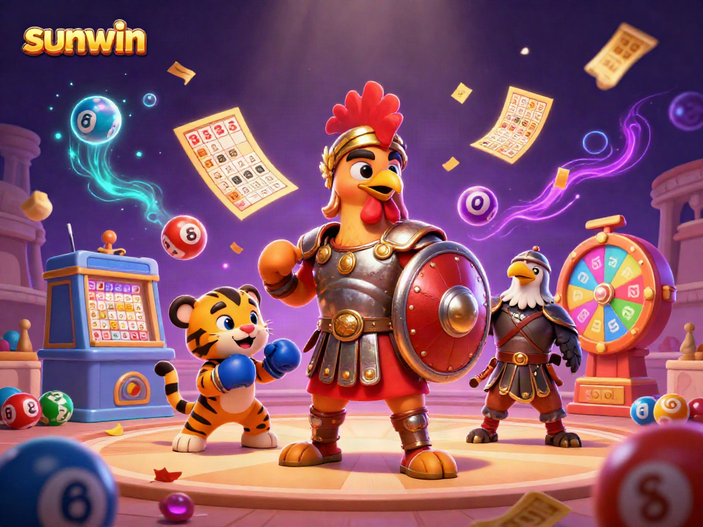 Experience thrilling gameplay with sunwin's vibrant gaming scene featuring a cartoon rooster gladiator.