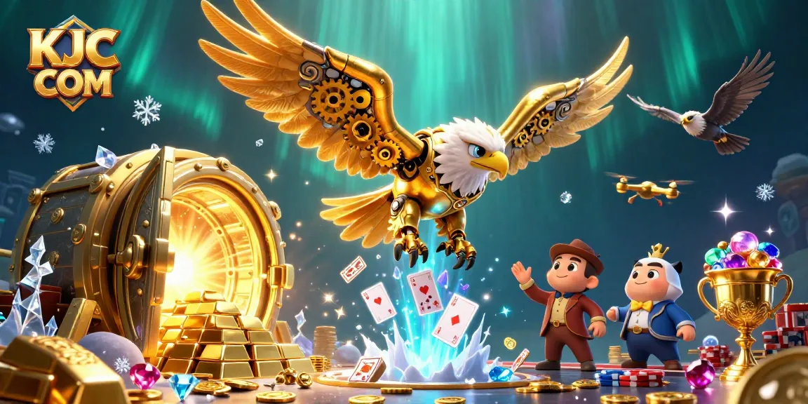 Experience thrilling wins at KJC COM with a golden eagle soaring through vibrant gambling elements and treasures.